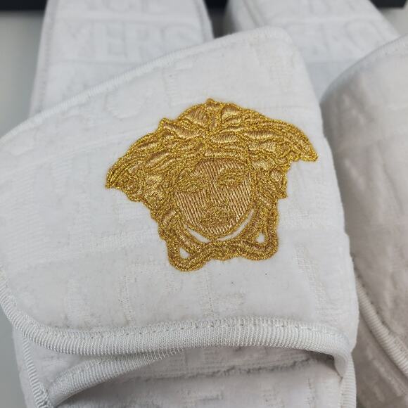 NWT$425 Versace Allover White Cotton Logo Medusa Head Platform Slippers EU 45 - Picture 11 of 15